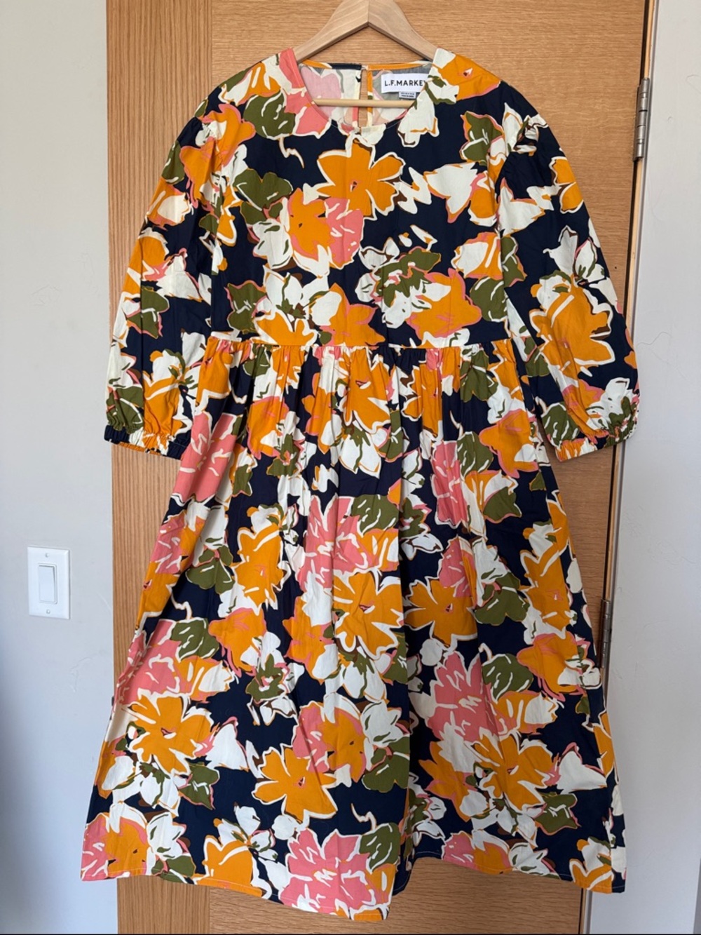 L.F. Markey Navy Floral Cotton Casual Midi Dress with Pink & Orange Blooms